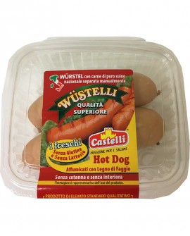 Wustelli Hot Dog puro suino Vaschetta - freschi con budello naturale - 300 g - Castelli Salumi